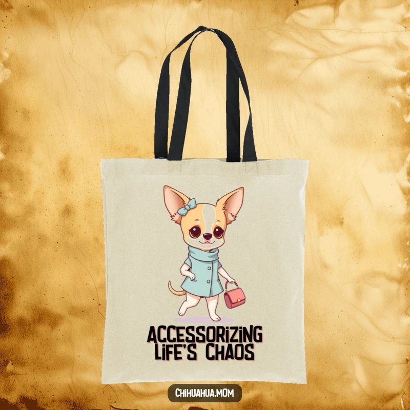 Funny fashionable chihuahua woman tote bag designed for strutting with a tiny purse, perfect for carrying essentials in ultimate style.