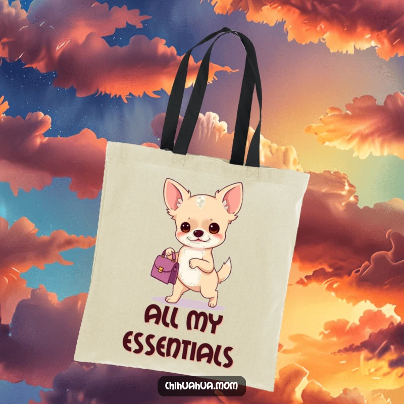 Funny tote bag illustrating a chihuahua confidently holding a tiny handbag, conveying a humorous sense of purpose and fashion.