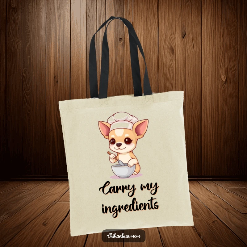 Funny Chihuahua Tote Bag, a chihuahua in a chef hat stirs a tiny bowl, perfect for carrying kitchen essentials with humor.