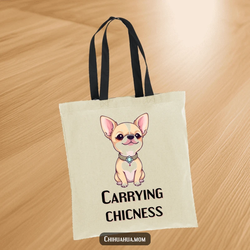 Funny proud chihuahua sporting a tiny, dazzling, bejeweled collar on a stylish and humorous tote bag.