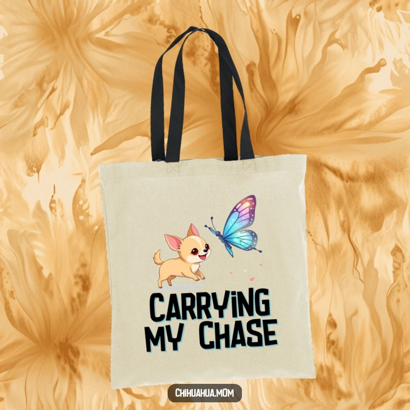 Funny Chihuahua Butterfly Tote Bag: A dog excitedly chases a giant butterfly. Functional and humorous.