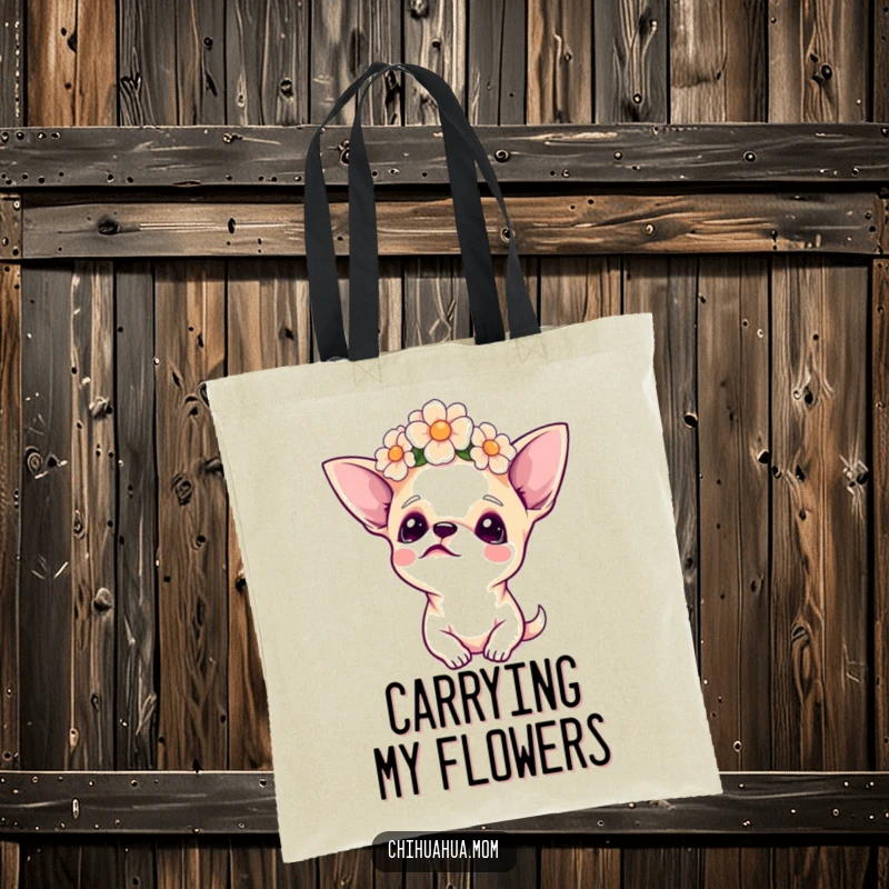 Funny Chihuahua Tote Bag, adorned with a flower crown, looking upwards peacefully, perfect for carrying essentials with boho flair.