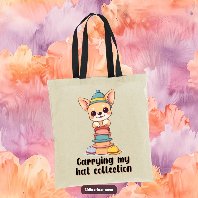 Funny chihuahua hat tote bag. A chihuahua happily balances a pile of tiny hats, making it a quirky and practical bag for carrying essentials.