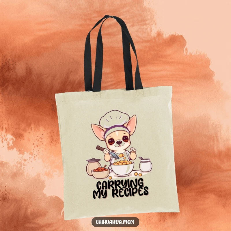 Funny tote bag: a chihuahua dog dressed as a chef, whisking a bowl of small treats.