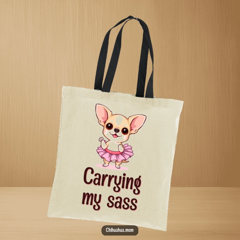 Funny chihuahua tutu tote bag. A chihuahua wearing a tutu strikes a sassy pose, making it a perfect accessory for carrying essentials with flair.