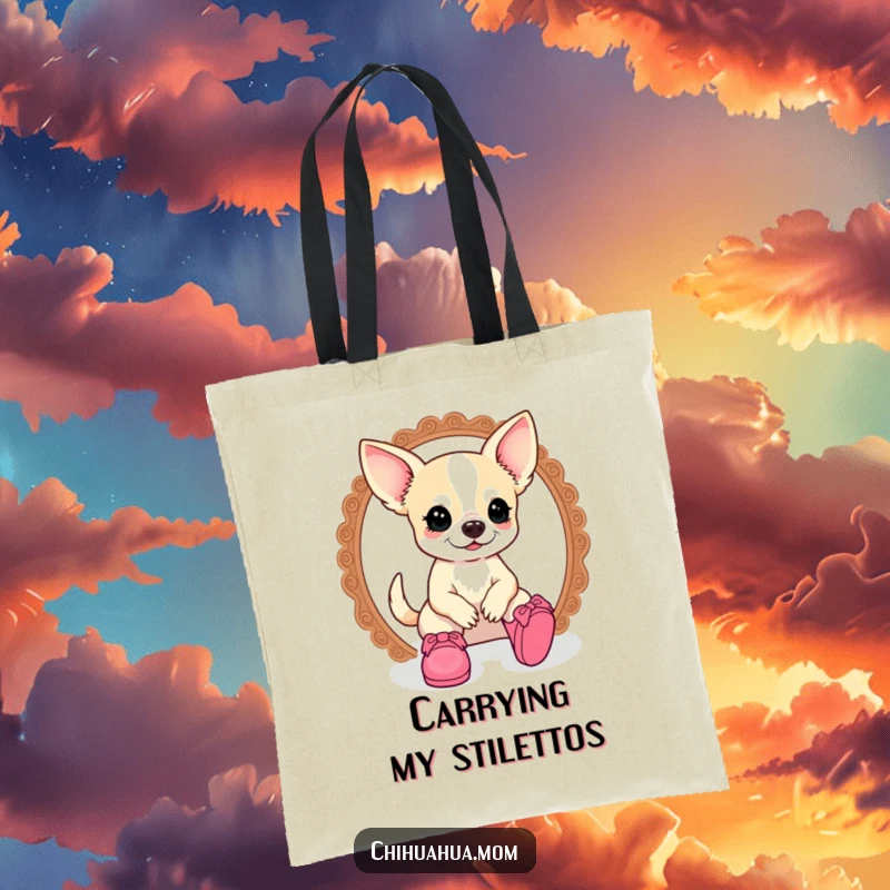 Funny kawaii chihuahua lady character holding a tote bag, surrounded by doll shoes, a humorous fashion accessory.