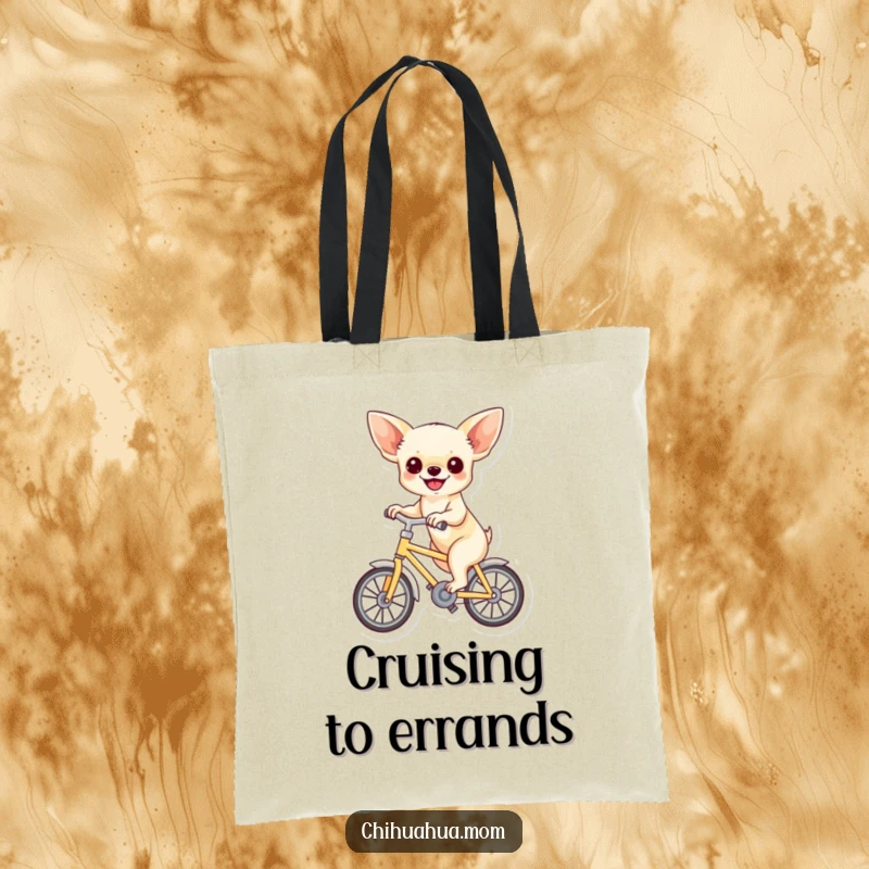 Funny tote bag with a chihuahua joyfully riding a mini bicycle, perfect for carrying essentials with humorous, happy vibes.
