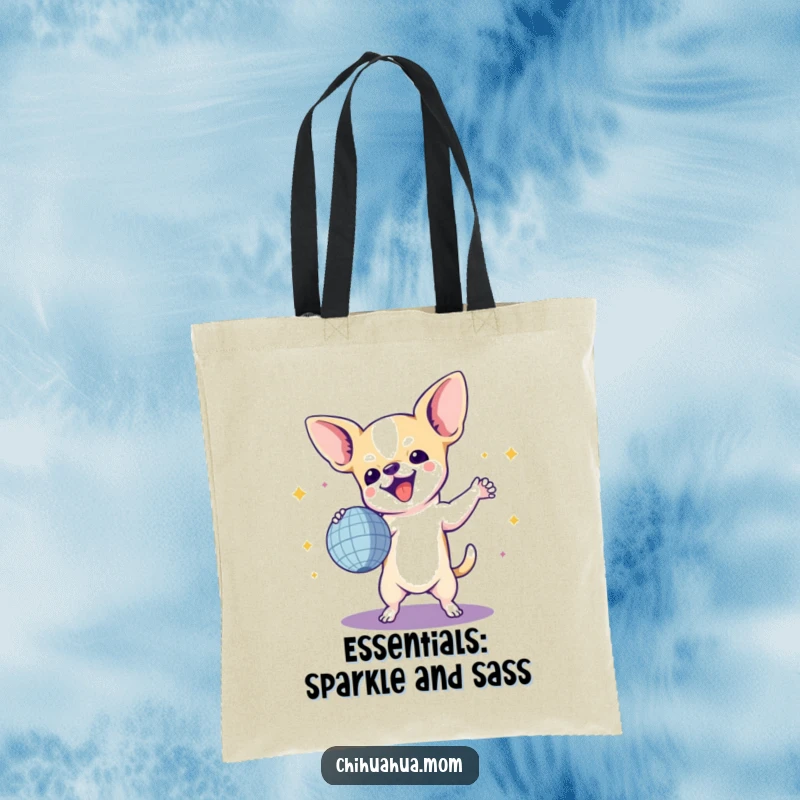 Funny Chihuahua Tote Bag: A happy chihuahua energetically dancing with a sparkly disco ball, a perfect accessory for parties and everyday fun.