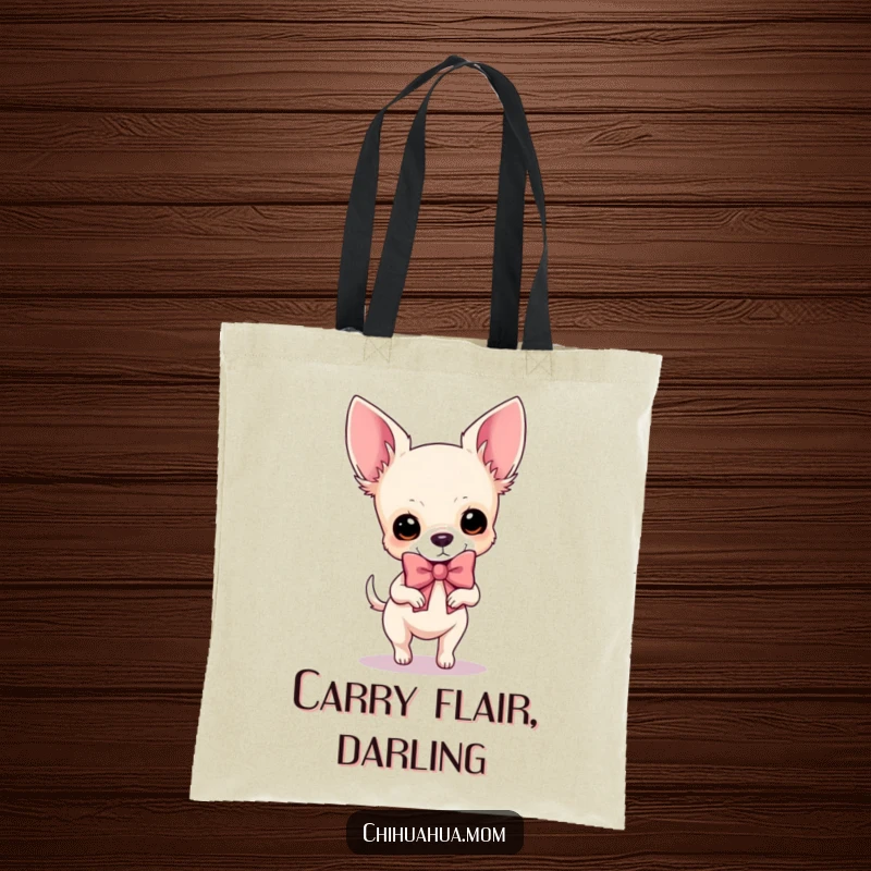 Funny Chihuahua Tote Bag: A dog joyfully prances while wearing a comically large, fashionable bow, ready for any outing.