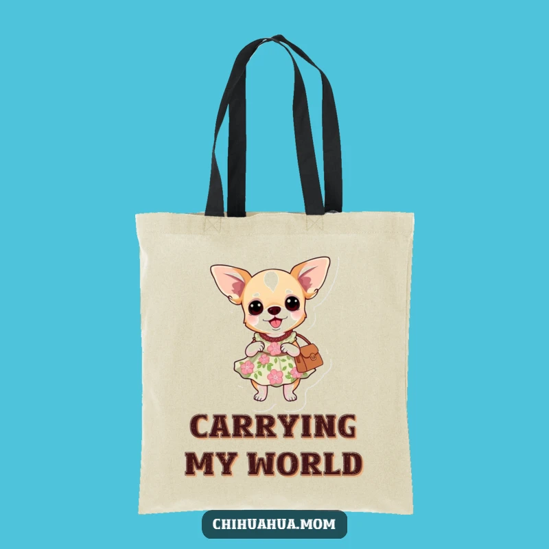 This versatile tote bag showcases a funny design of a chihuahua in a floral dress, posing with a purse. Perfect for carrying your essentials in style.