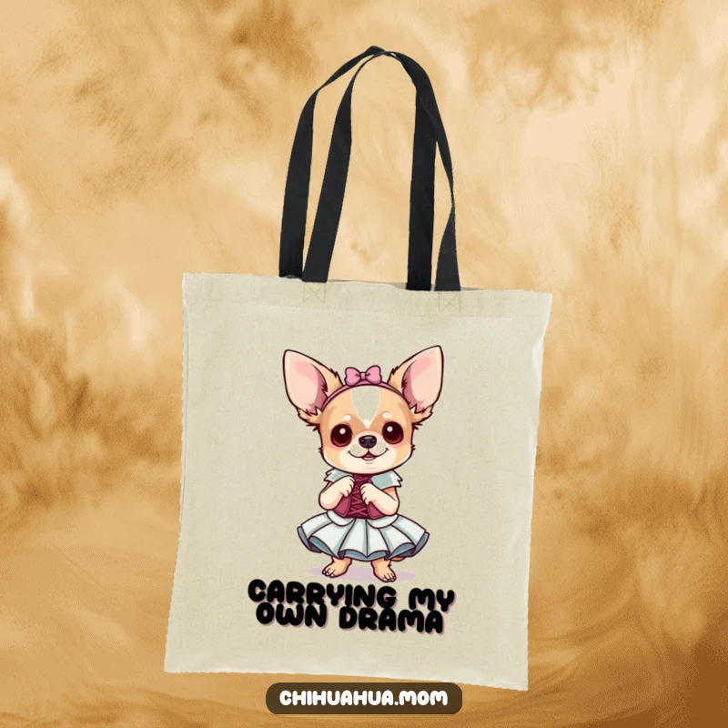 Funny Chihuahua Tote Bag: A tiny dog in a fancy dress poses dramatically. Stylish and humorous accessory.