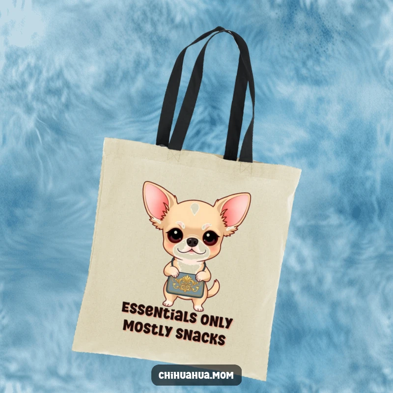 Funny Chihuahua Tote Bag: Small but mighty chihuahua holds her ornate handbag, ready for anything. Stylish and humorous shopper tote.