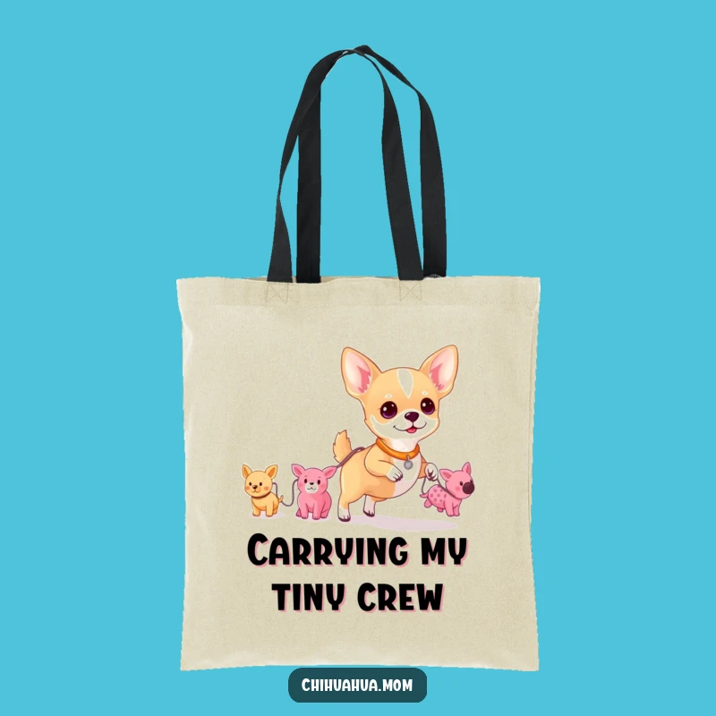 Take your essentials on a quirky adventure with this funny tote bag! It features a chihuahua walking a string of plush toys.