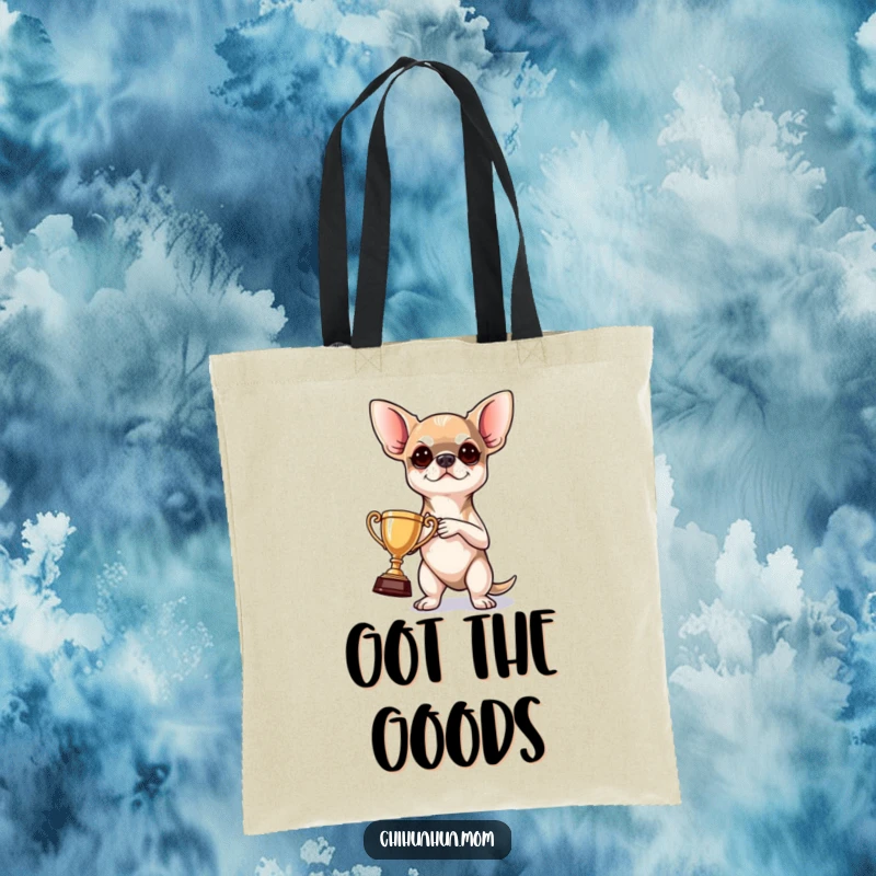 Funny Tote Bag: a determined chihuahua victoriously holding a minuscule trophy, perfect for carrying daily essentials humorously.