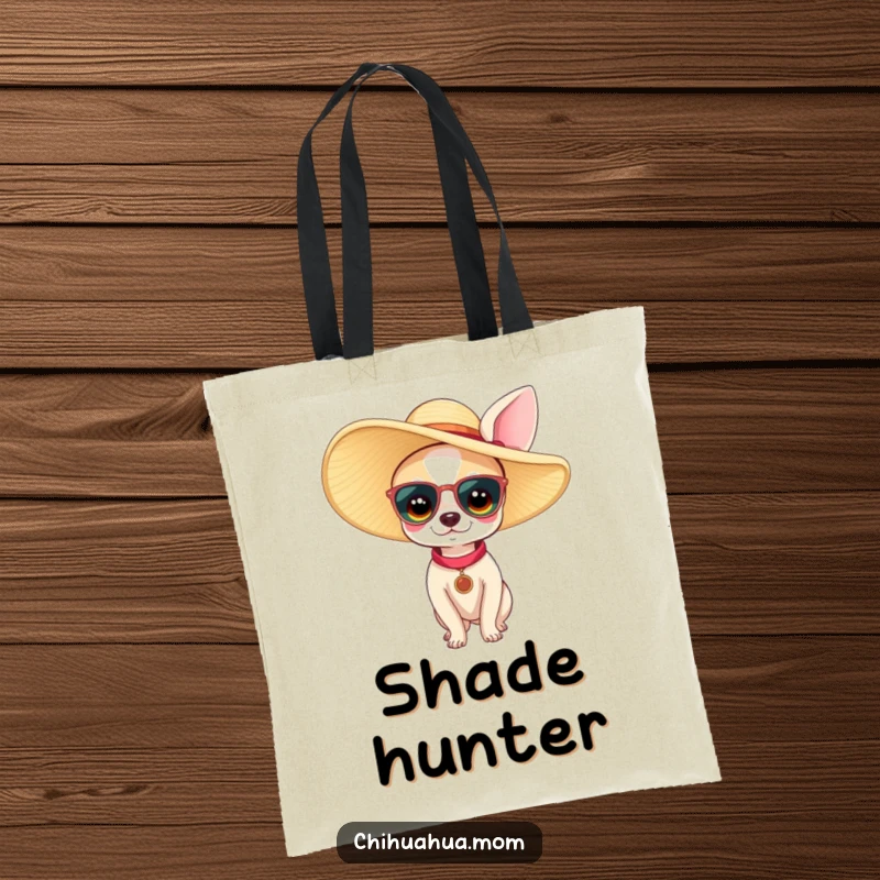 Funny chihuahua woman tote bag of a tiny dog wearing an oversized sun hat. A chic and humorous accessory for fans of fashionable small dogs.