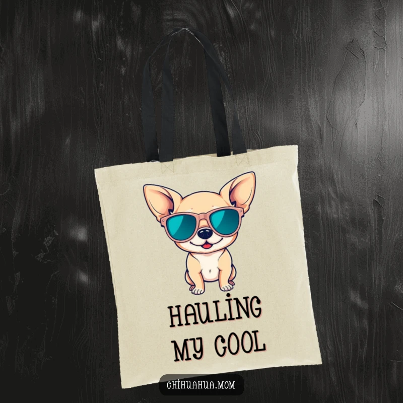 Funny tote bag with a chihuahua wearing oversized sunglasses, striking a confident pose, perfect for carrying items with cool attitude.
