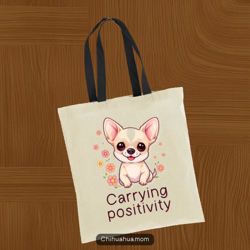 Funny Floral Chihuahua Tote Bag: A smiling chihuahua surrounded by pretty flowers. Cute and functional tote.