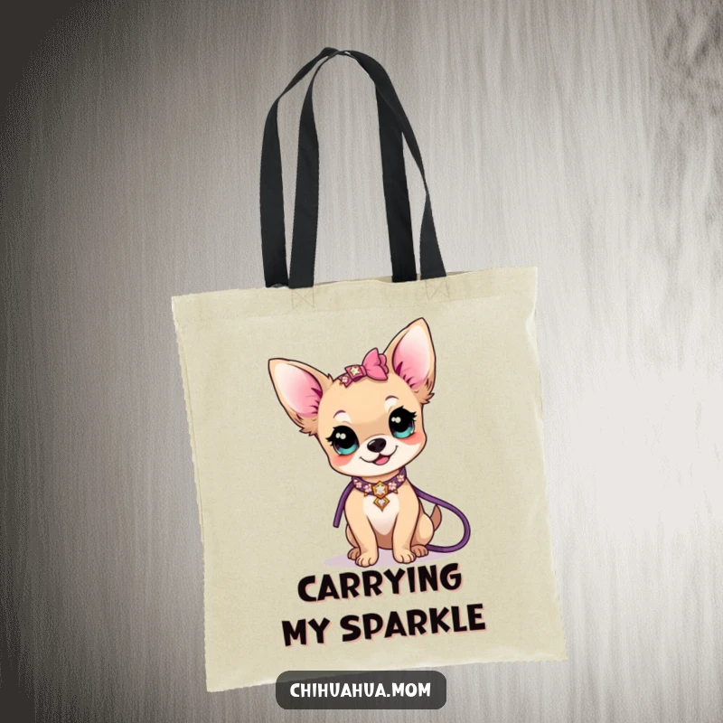 Funny kawaii chihuahua lady character holding a tote bag, adorned with a sparkly collar and leash, a humorous accessory.