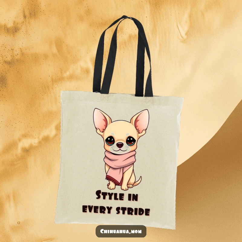 Funny Chihuahua Tote Bag: A chihuahua wearing a chic scarf, exuding sophistication and charm. A perfect funny gift.