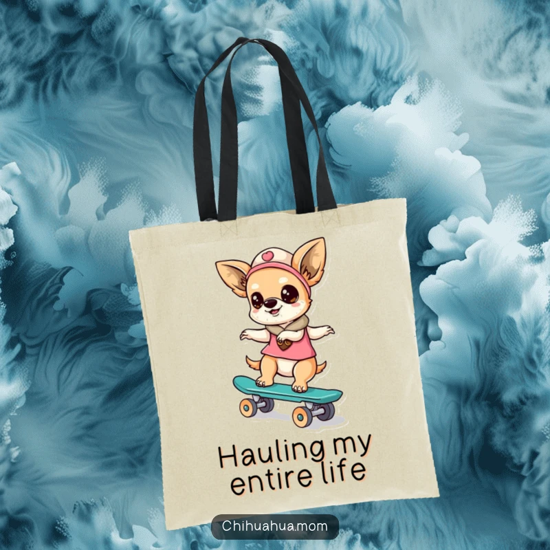 Funny kawaii chihuahua lady character holding a tote bag, riding a skateboard, a humorous and mobile accessory.