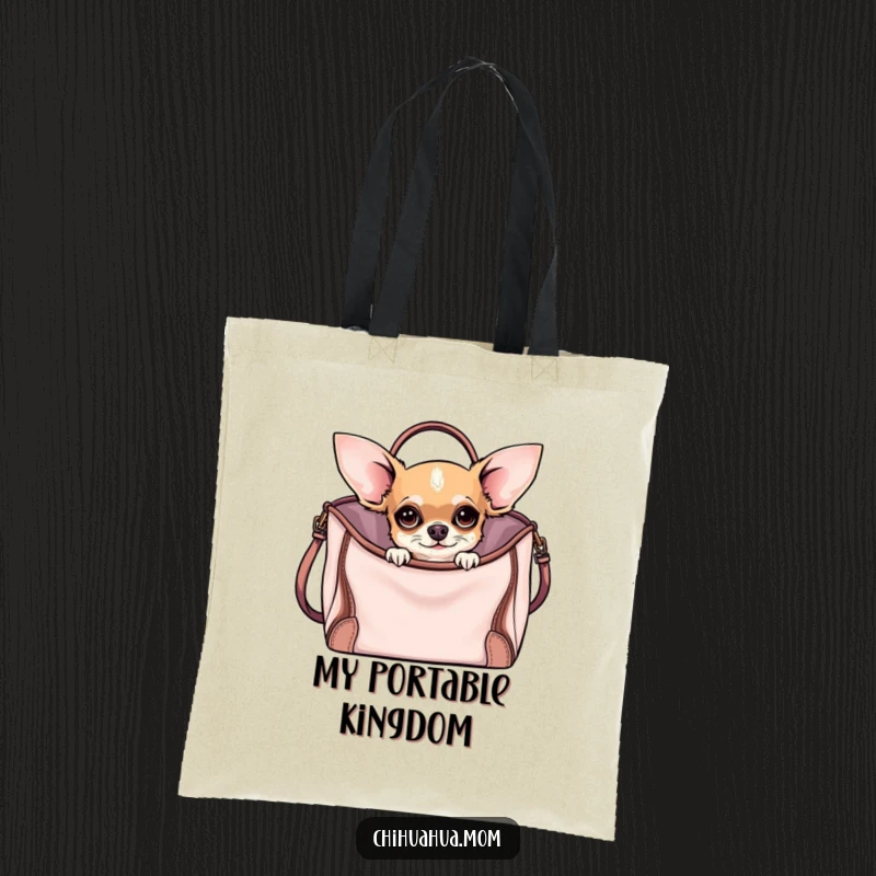 Funny Curious Chihuahua Tote Bag featuring a chihuahua peeking from a stylish handbag, ready for funny, discreet adventures.