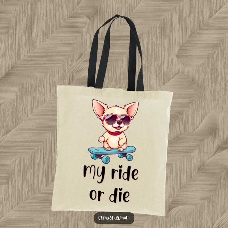 Funny Skater Chihuahua Tote Bag: A dog in sunglasses rides a skateboard. Stylish and humorous.