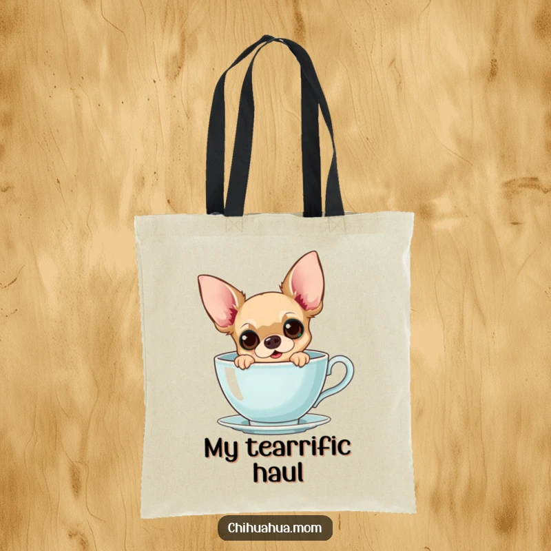 Funny Chihuahua Teacup Tote Bag: A curious chihuahua peeks from a giant teacup with wide eyes, practical and cute.