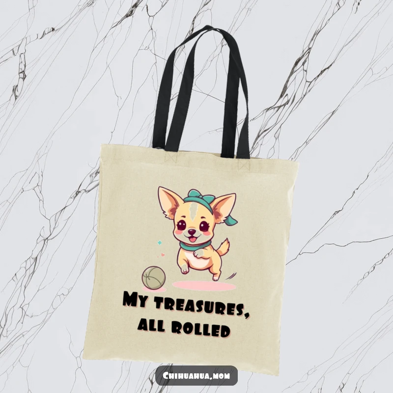 Funny Chihuahua Lady Tote Bag: Kawaii character actively chasing a rolling ball. Ideal funny gift for chihuahua outings.